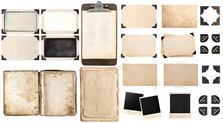 Old paper sheets, book, vintage photo frames and corners, antiqu - obrazy, fototapety, plakaty