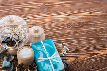 soap and spa stuff on wooden background 