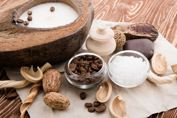 coffee beans, Spa stuff with candles in coconut