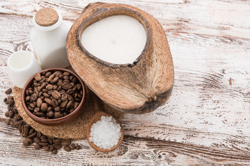 coffee beans, Spa stuff with candles in coconut