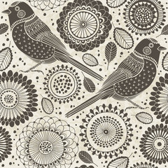 Floral seamless pattern with birds. Cartoon vector background.