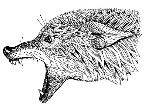 Patterned head of the wolf. Tribal ethnic totem, tattoo design.