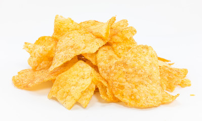 Potato chips barbecue flavour on white background.