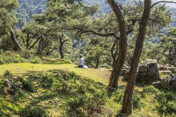 Fototapeta na wymiar woman reading a book in the forest on the islands Adalar Istanbul