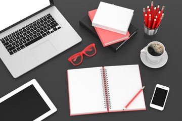 laptop and office stuff, workplace, top view