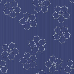 Sashiko motif - blooming cherry flowers. Floral backdrop. 