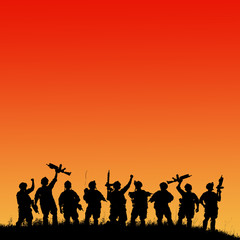 Fototapeta na wymiar Silhouette of military soldiers team or officer with weapons
