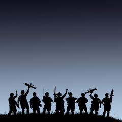 Obraz premium Silhouette of military soldiers team or officer with weapons