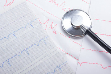 Fototapeta premium Cardiogram pulse trace and stethoscope concept for cardiovascular medical exam, closeup.