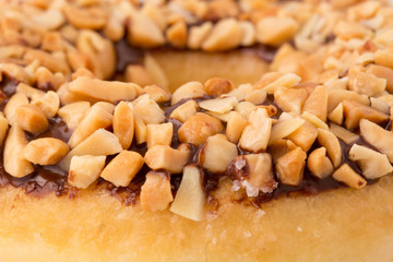 Close up of donut glazed with chocolate and hazelnuts
