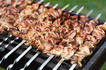 Grilling shashlik on barbecue grill with delicious meat