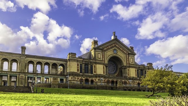 Timelapse view of the South facade of Alexandra Palace in London, also known as the people's palace or Ally Pally