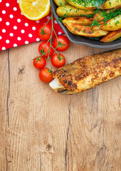 Fried fish and potatoes. Place for your text.