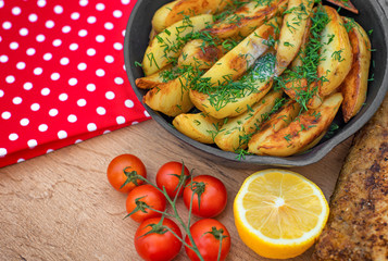 Fried fish and potatoes. Place for your text.