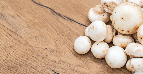 Champignons mushrooms on wooden tabletop. Space for your text.
