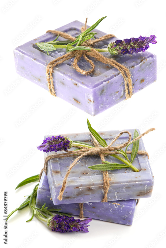 Sticker closeup of lavender soap bars with fresh flowers