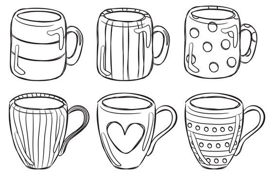 set of cute mug in doodle style