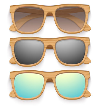 Set of Vintage sunglasses with wooden frame. Retro style.