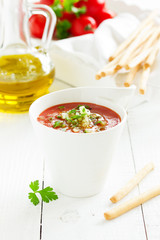 gaspacho- Spanish soup made with fresh tomato. Selective focus.