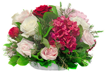 Bouquet, with white, yellow roses and purple hortensia