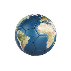 Fototapeta na wymiar Globe Earth texture on soccer ball isolated on white background