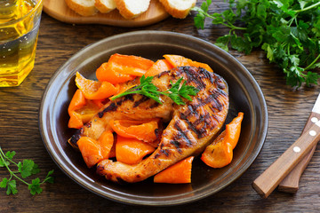 Grilled salmon with soy sauce with vegetables.