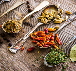 spices in the spoons on a table