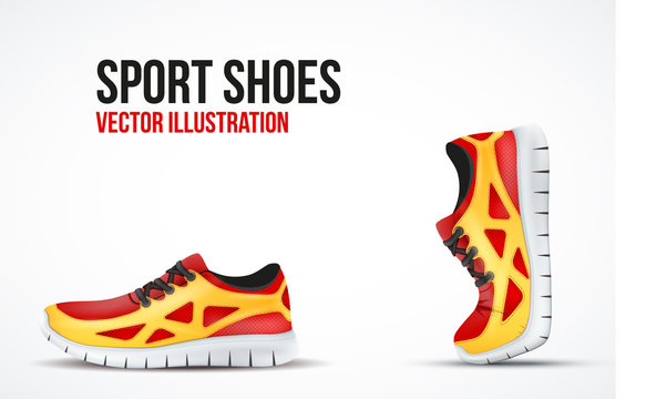 Background of Two Running shoes. Bright Sport sneakers symbols.