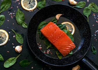 Salmon in frypan on black backgroung