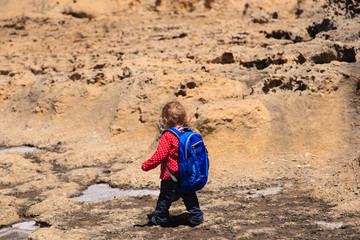 little toddler girl with backpack hiking in mountains