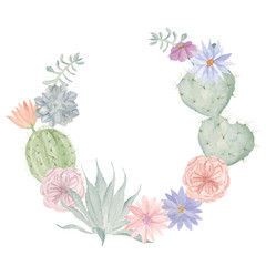 Watercolor flowers and cactus wreath. Floral print © natikka