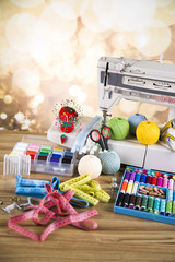 Sewing kit. Scissors, bobbins of thread the needle