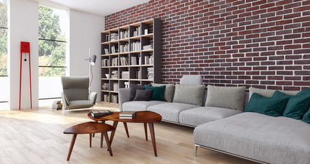 Soggiorno con muro di mattoni e libreria © 3DarcaStudio