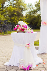 Beautiful wedding set up of table and floral composition 