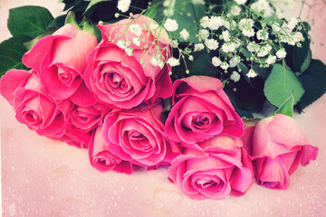 bouquet of pink roses floral background is love tenderness vintage retro selective soft focus