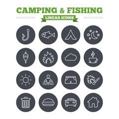 Camping and fishing linear icons set. Thin outline signs. Vector