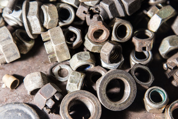Detail of different metallic bolts and nuts