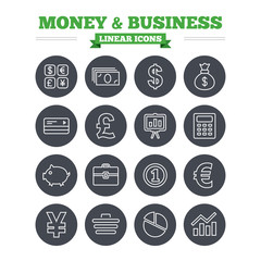 Money and business linear icons set. Thin outline signs. Vector