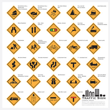 Road And Street Warning Traffic Sign Icons Set