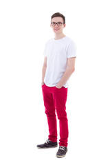 full length portrait of young man in white t-shirt isolated on w