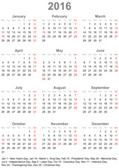Kalender 2016 einfach mit gesetzlichen Feiertagen für die USA