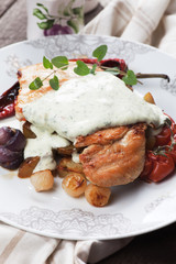 Grilled chicken steak in gorgonzola sauce