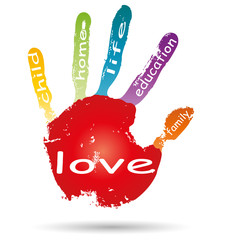 Conceptual children painted hand print word cloud