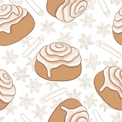 Seamless pattern with cinnamon rolls and spice. Freshly baked sweet pastry