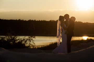 Fototapeta premium Groom and bride is hugging and kissing on the background beautif