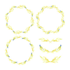 Set of round frames and vignettes made of watercolor branches