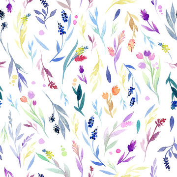 Seamless vector pattern with colorful watercolor floral elements