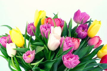 bouquet of tulips mother birthday gift valentine spring background selective soft focus toned photo