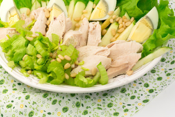 Diet lettuce egg boiled chicken pine nuts apple white background vitamins breakfast lunch dinner home cooking health organic eco low weight