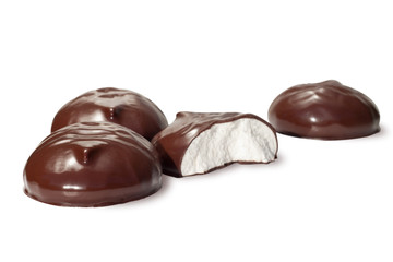 marshmallow in a dark chocolate on white background